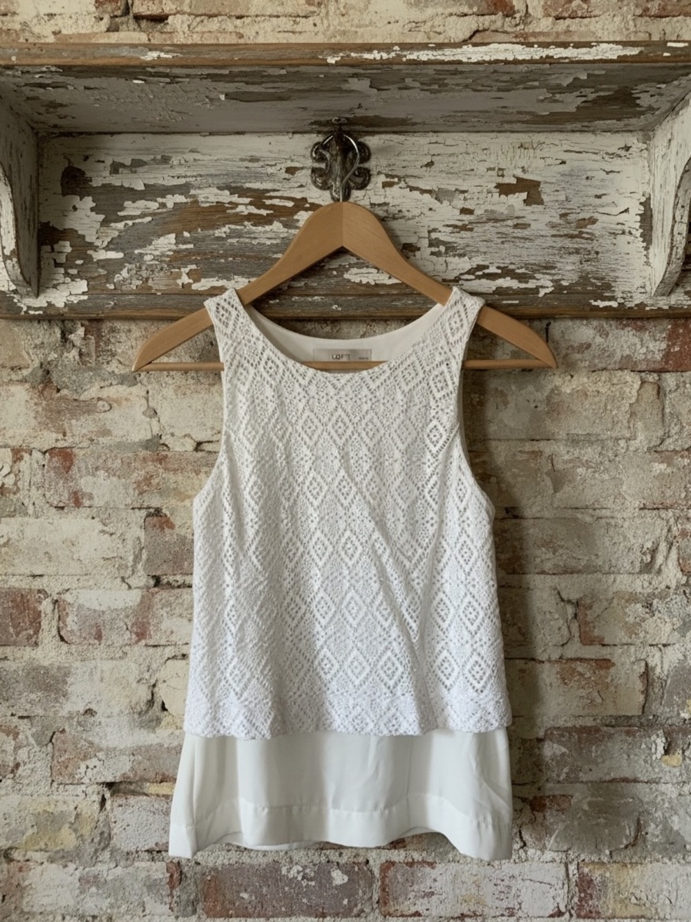 LOFT White Lace Overlay Sleeveless Top with Chiffon Hem